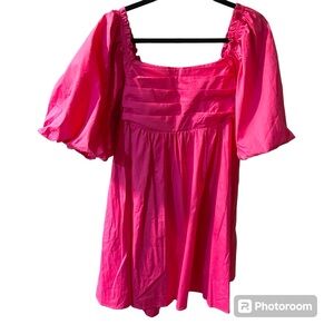 NWT Hot Pink “Aaron & Amber” Puff Sleeve Mini Dress with Bow in Back